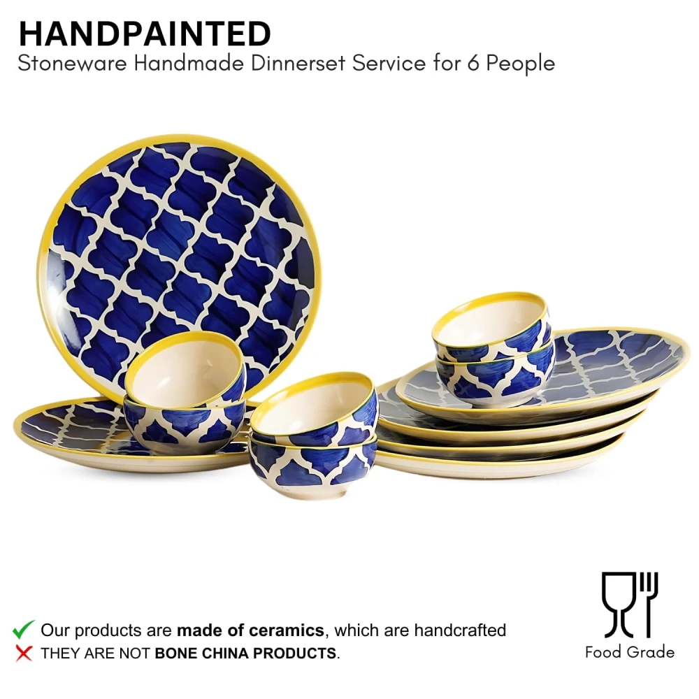 Morrocan/Umrao Ceramic Plates for Dinner with Katoris (12 Pieces, 6 Bowl & 6 Plates, Dishwasher & Microwave Safe) -Dinner Sets -(Blue & Yellow)