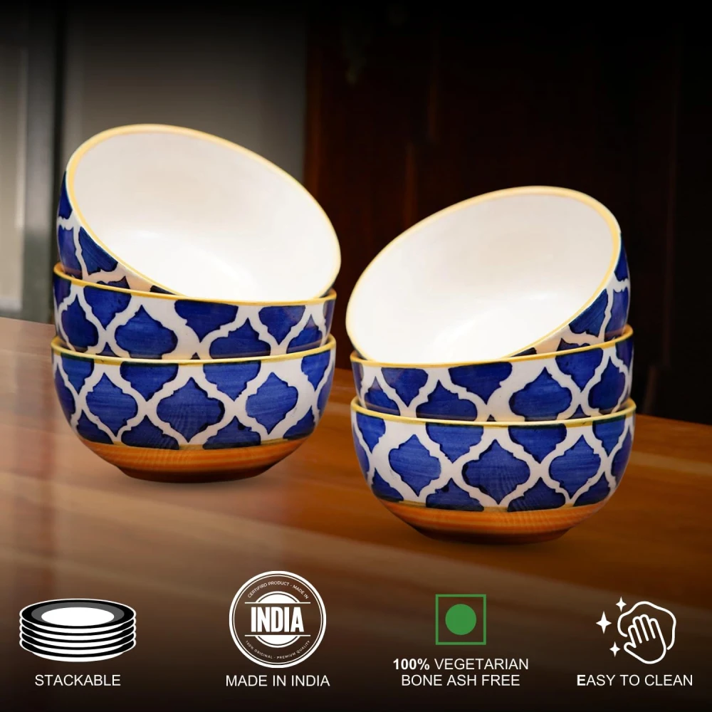 HOUSELA Creations Hand-Painted Umrao-Moroccan Design Bowls Set | Perfect for Serving Snacks, Rice, Dal, Fruits, Salad | BPA & Lead-Free Ceramic Dinner Bowls for Safe