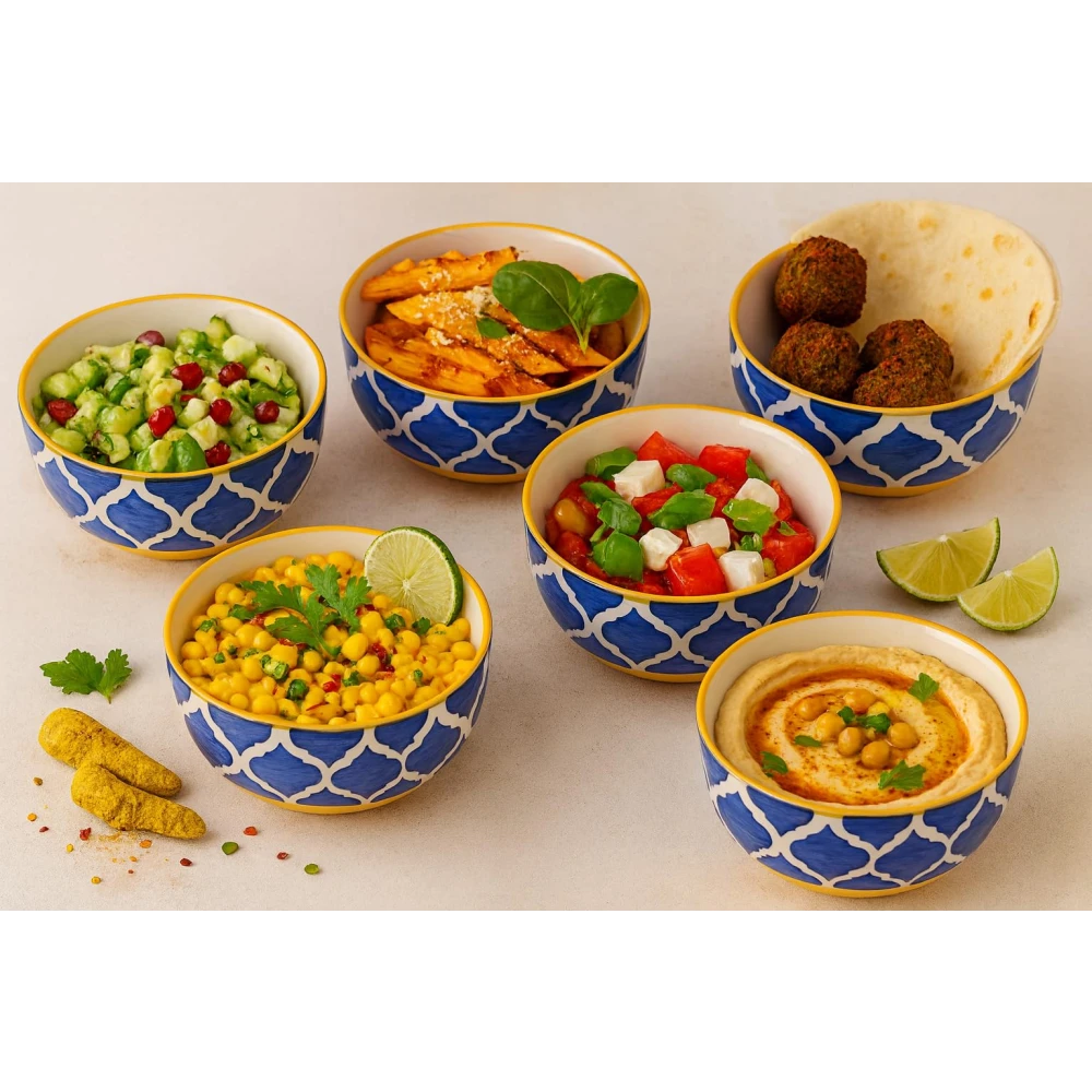 HOUSELA Hand-Painted Umrao Quarter/Moroccan Design Handpainted Bowls Set Ceramic Vegetable Bowl/Dessert Bowl/Soup Bowl (Multicolor, Pack of 6)