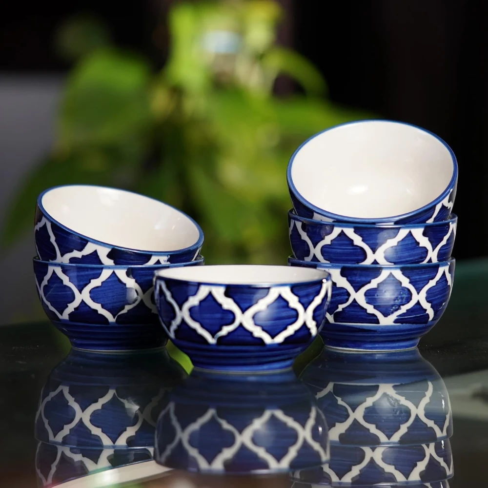 HOUSELA Creations Hand-Painted Umrao-Moroccan Design Bowls Set | Perfect for Serving Snacks, Rice, Dal, Fruits, Salad | BPA & Lead-Free Ceramic Dinner Bowls for Safe bowl sets