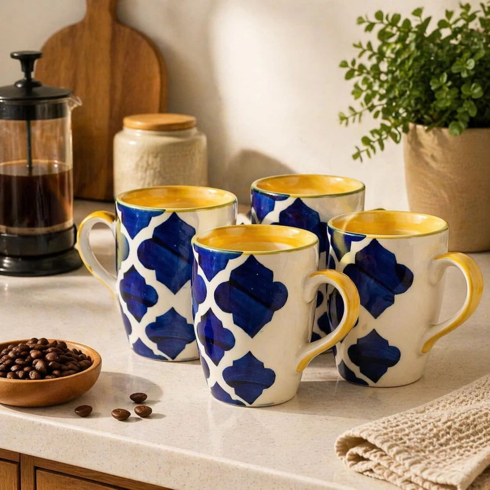 HOUSELA Umrao Hand-Painted Serving Tea Cups Set Milk Mugs & Ceramic Coffee Mugs Set of 4 (270 ML, Microwave & Dishwasher Safe)