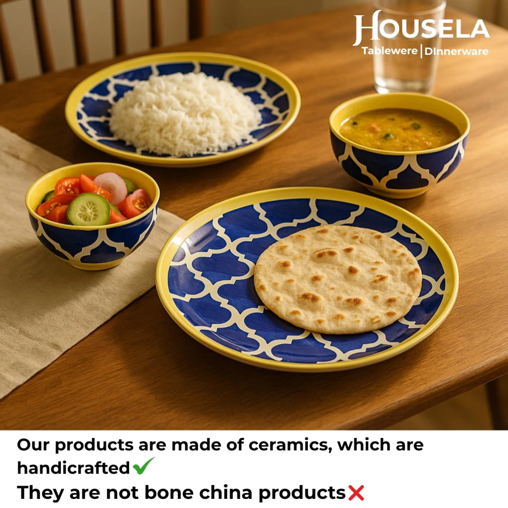 Morrocan/Umrao Ceramic Plates for Dinner with Katoris (4 Pieces, 2 Bowl & 2 Plates, Dishwasher & Microwave Safe) -Dinner Sets -(Blue & Yellow)
