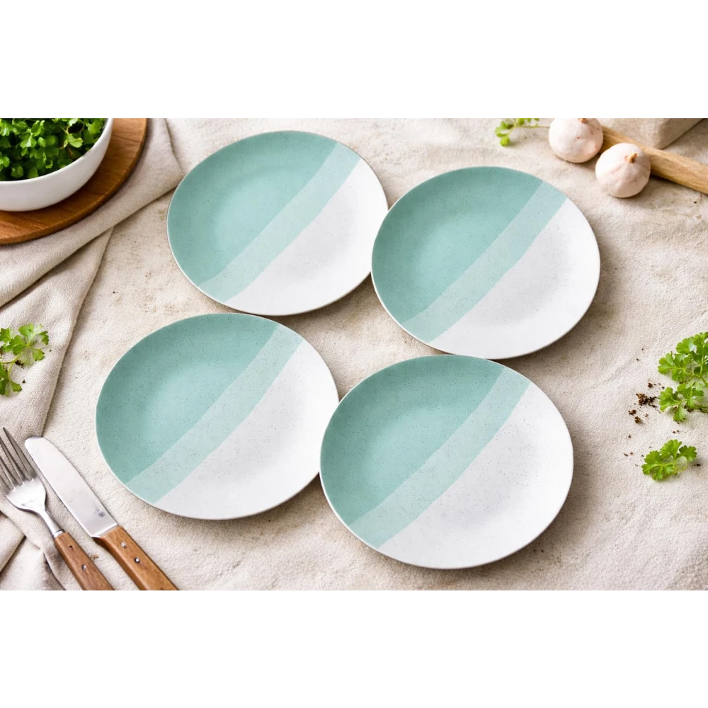HOUSELA Set of 4 Modern Ceramic Dinner Plates – 10.6'' Speckled Stoneware Plates with Half Mint Green & White Design/Microwave & Dishwasher Safe