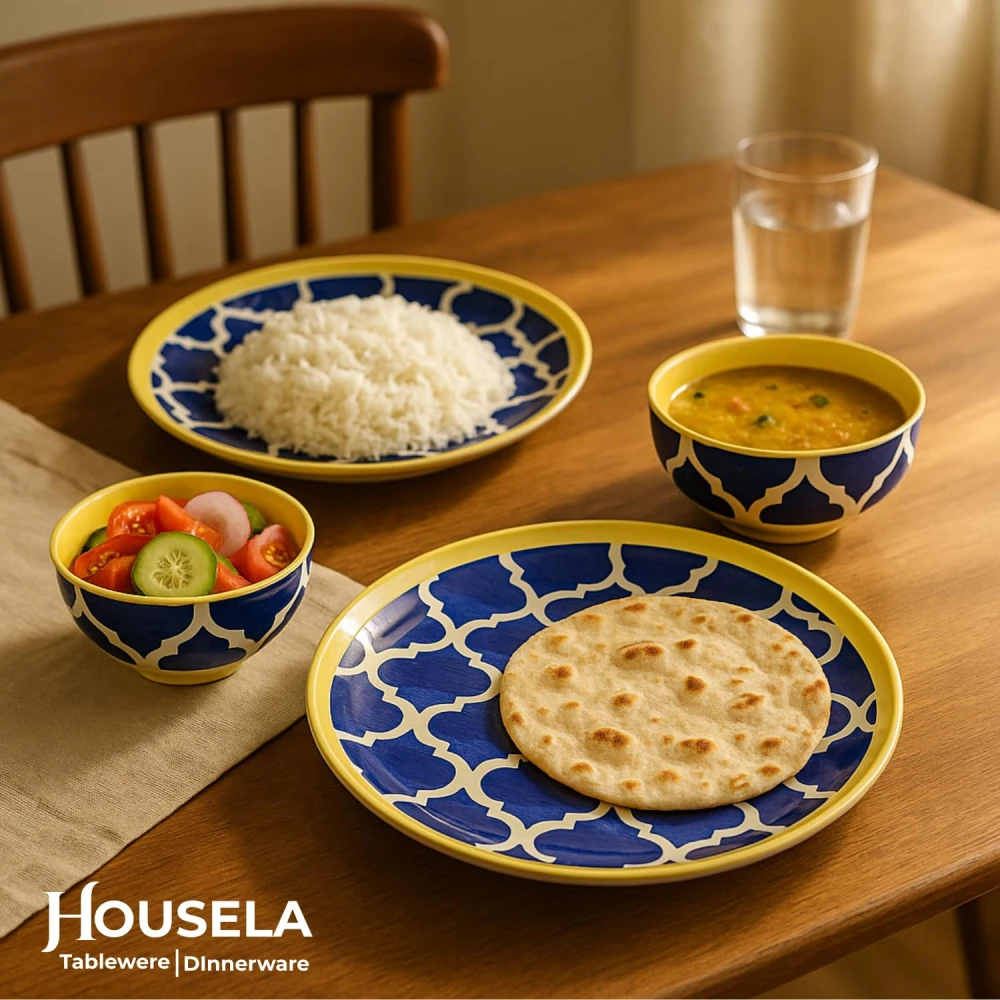 Hand-Painted Ceramic Dinner Set – Blue & Yellow Moroccan Design Plates & Bowls Set | Premium Stoneware Dining Tableware | Microwave & Dishwasher Safe | Stylish Dinnerware for Home & Kitchen