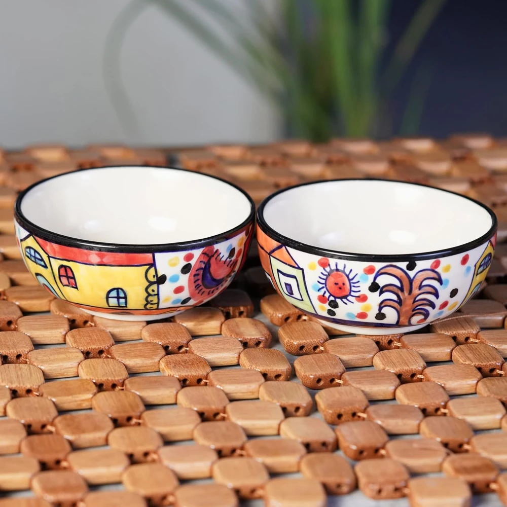 HOUSELA Hut-Handcrafted Multicolored Ceramic Floral Bowls Set Ceramic Vegetable Bowl/Dessert Bowl/Soup Bowl (Multicolor, Pack of 2)(180 ML)