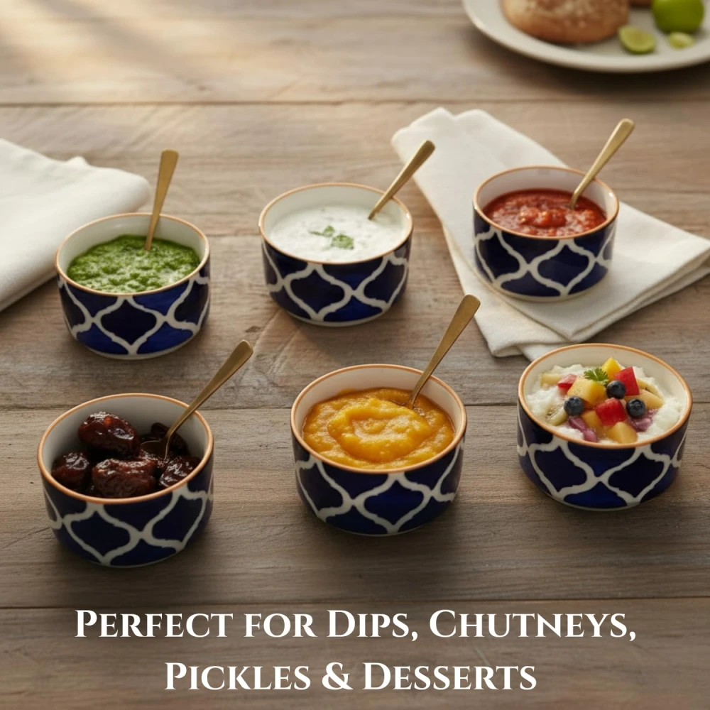 HOUSELA Stoneware Blue Classic Moroccan Pattern Chutney/Serving/Dessert/Dip/Bowl -Set of 6 (Triangle Shape,Microwave & Dishwasher Safe