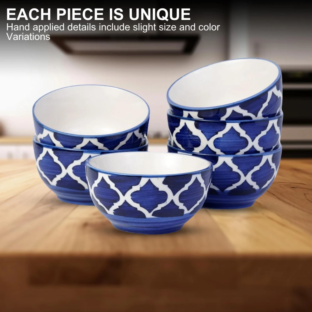 HOUSELA Creations Hand-Painted Umrao-Moroccan Design Bowls Set | Perfect for Serving Snacks, Rice, Dal, Fruits, Salad | BPA & Lead-Free Ceramic Dinner Bowls for Safe bowl sets