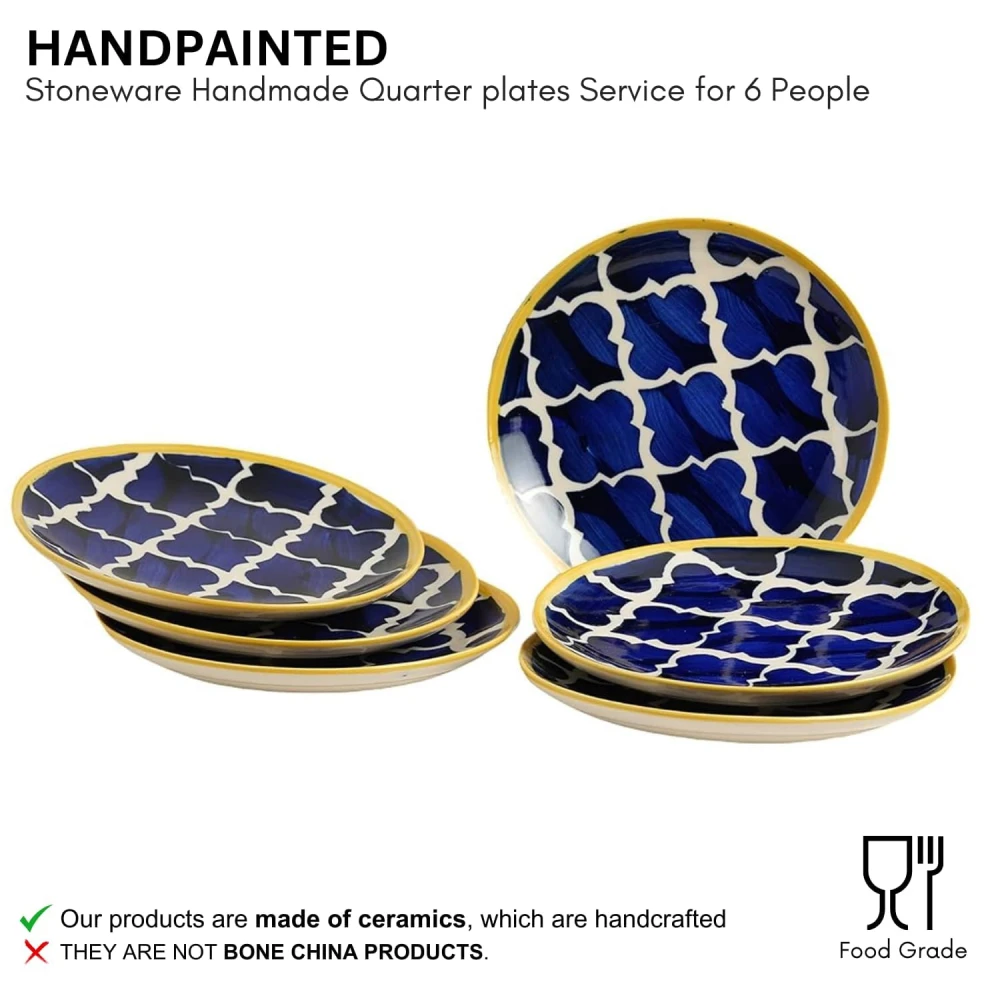 HOUSELA Ceramic Handmade Blue Umrao Quarter/Moroccan Handpainted' Plates for 7 (Set of 6)