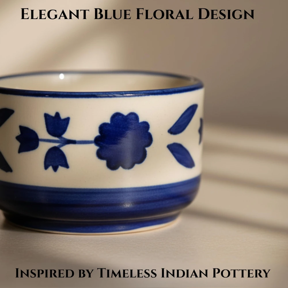 Rudrart Creation Handcrafted Ceramic Serving Bowl Set | Blue Floral Hand-Painted Bowls for Dining & Kitchen Use | Ideal for Serving Snacks, Soups | Microwave & Dishwasher Safe | (Set of 6)