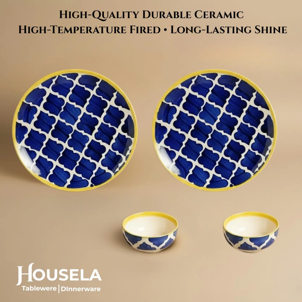 Morrocan/Umrao Ceramic Plates for Dinner with Katoris (4 Pieces, 2 Bowl & 2 Plates, Dishwasher & Microwave Safe) -Dinner Sets -(Blue & Yellow)
