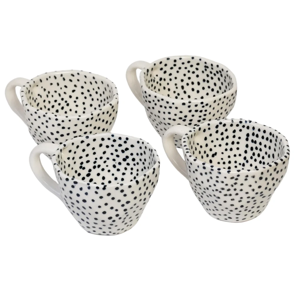 HOUSELA Small Dotted Hand-Painted Serving Tea Cups Set Milk Mugs & Ceramic Coffee Mugs Set of 4 (300 ML, Microwave & Dishwasher Safe)