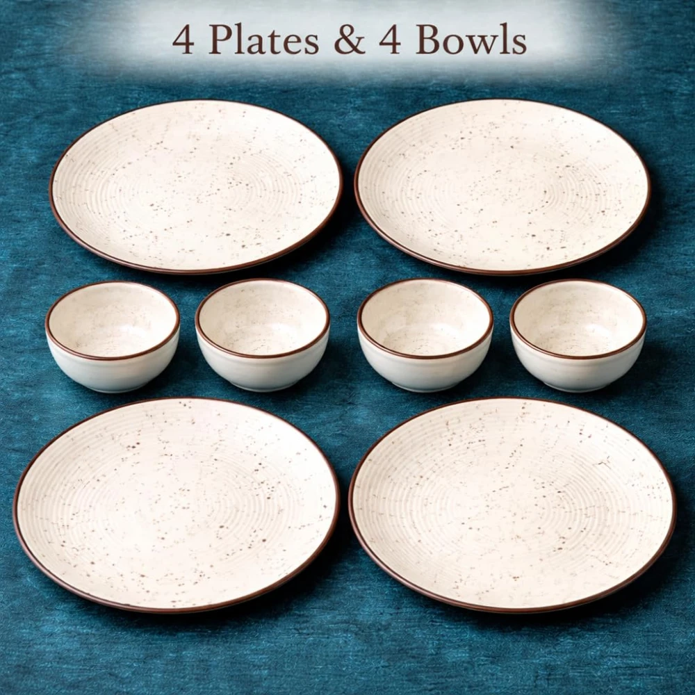 Handcrafted Ceramic Stoneware Dinner Set of 12 Pieces with Serving Bowls | 6 Dinner Plates & 6 Bowl/katori | Bone Ash Free | Microwave and Dishwasher Safe – Off White