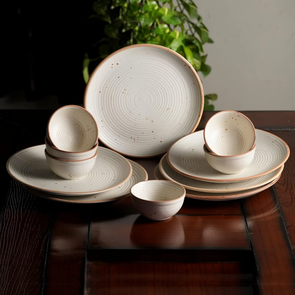 Premium Ceramic Dinner Set for 6 – 6 Dinner Plates & 6 Bowls | Microwave & Dishwasher Safe | Modern Rustic Beige Dinnerware Set | Durable Ceramic Kitchen Dining Set
