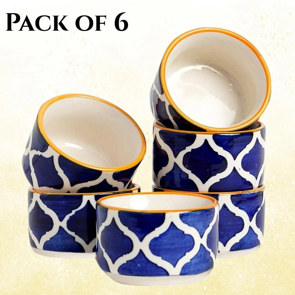 HOUSELA Stoneware Blue Classic Moroccan Pattern Chutney/Serving/Dessert/Dip/Bowl -Set of 6 (Triangle Shape,Microwave & Dishwasher Safe