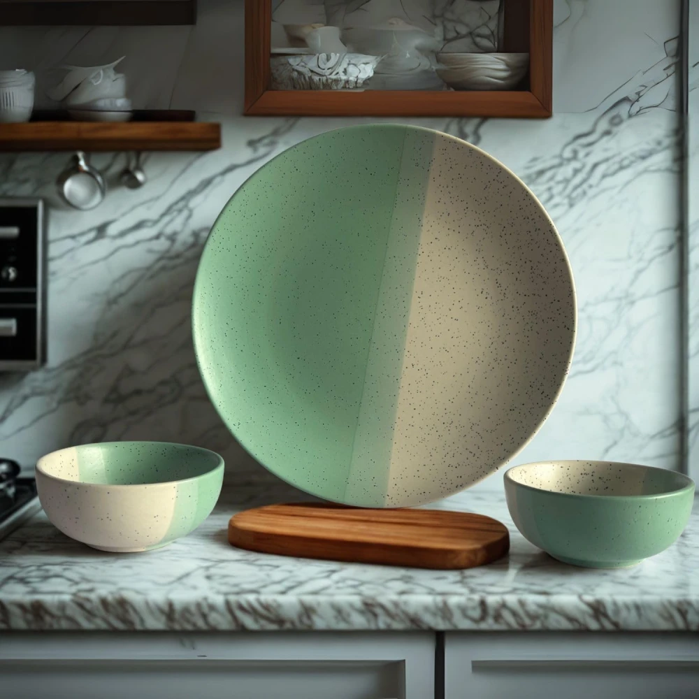 Ceramic Serving Set | 1 Dinner Plate & 2 Bowl | Dual Tone Green & Beige Speckled Design for Snacks, Meals & Appetizers