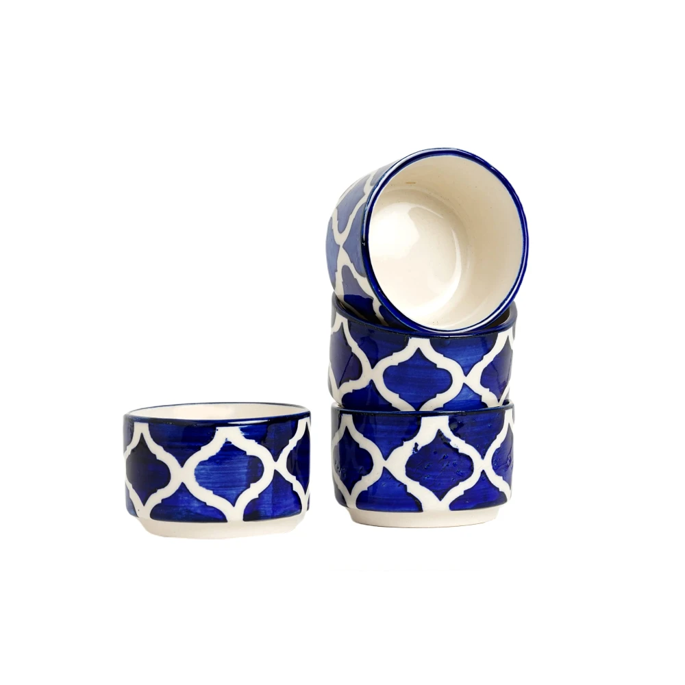Rudrart Creations Handpainted Moroccan/Umrao Pattern Ceramic Dip Bowl/Chutney Bowl/Pickle Bowl/Sauce Bowl/Small Katori Set in Round Shape (40 ML, Small, Set of 6 (Blue& White)