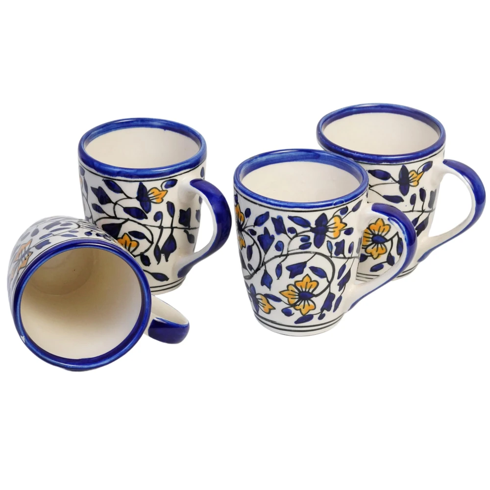 HOUSELA Floural Blue Hand-Painted Serving Tea Cups Set Milk Mugs & Ceramic Coffee Mugs, Set of 4 (270 ML) Microwave & Dishwasher Safe