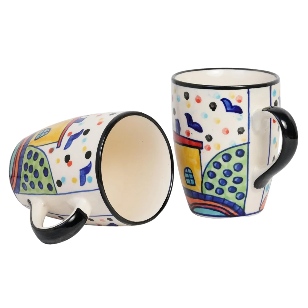 Rudrart Creation Hut Hand-Painted Ceramic Coffee Mug Set of 2 (270 ML) | Artistic Tea & Milk Cups | Multicolor Designer Handcrafted Mugs | Microwave & Dishwasher Safe | Gift for Home & Office Use