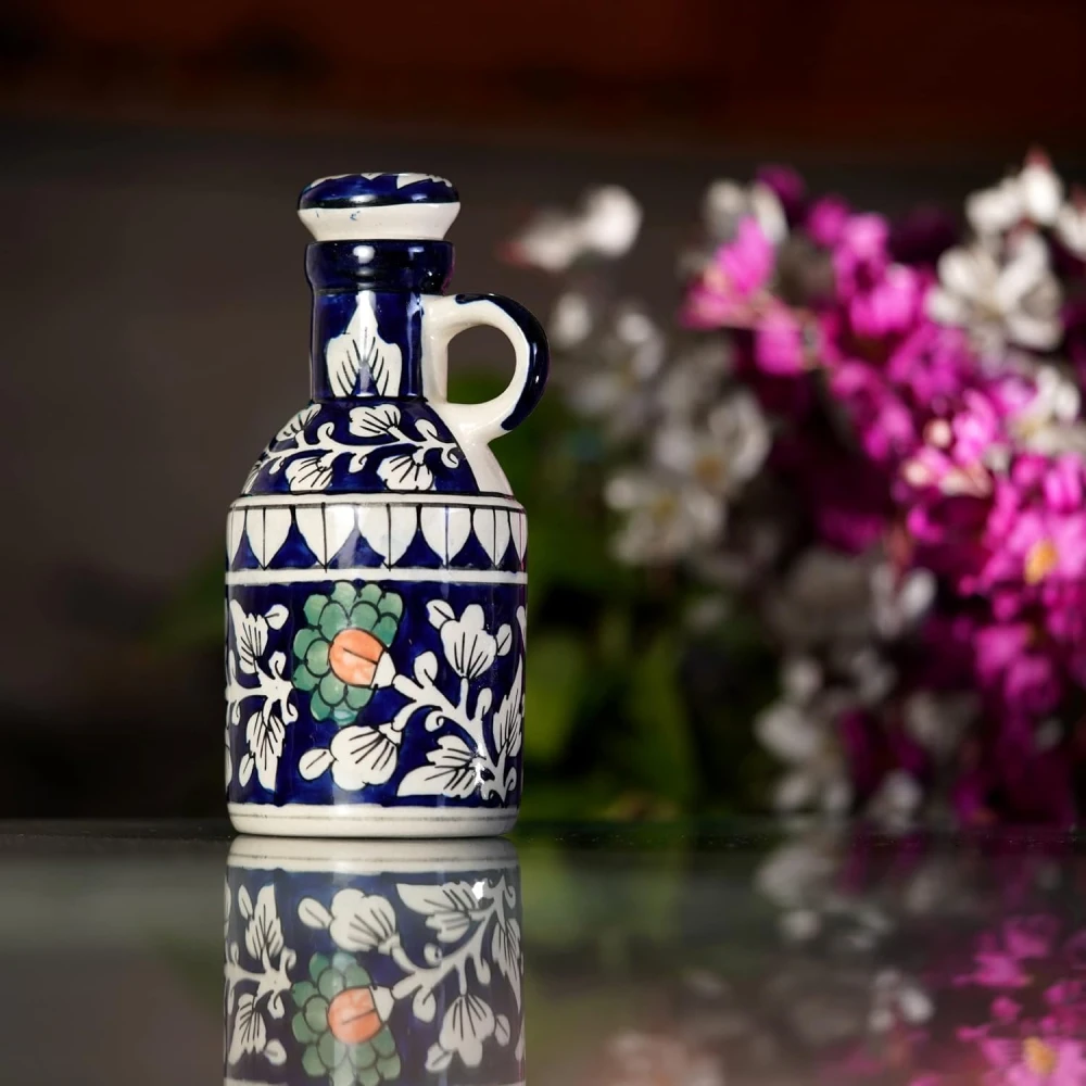 HOUSELA Ceramic Blue Floral Art 500 ML Oil Dispenser for Kitchen, Oil Bottle,Oil Sprayer,Vinegar Bottle for Kitchen Storage/100% Food & Microwave Safe| 1 Piece-Orange & White