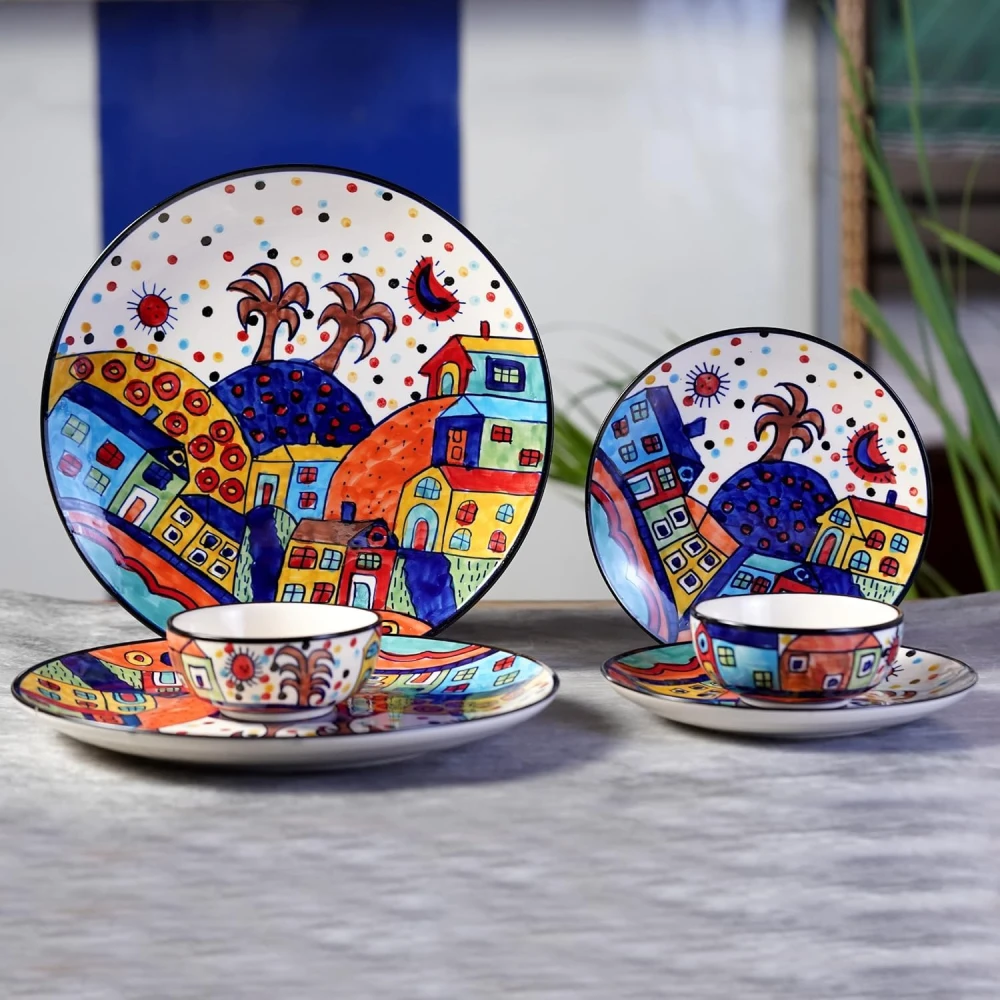 Hut Dining Hand-Painted Stoneware Dinner Set Ceramic Set of 6 Pieces | 2 Stoneware Dinner Plates, 2 Side Plates & 2 Serving Bowls | Microwave & Dishwasher Safe - Multicolor