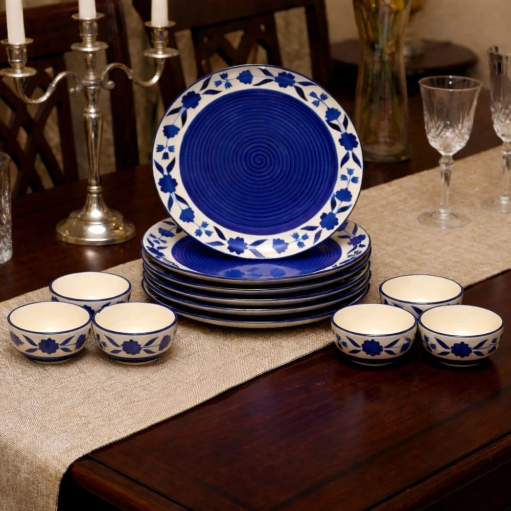 Hand-Painted Floral Ceramic Dinner Set of 12 Pcs | 6 Ceramic Dinner Plate and 6 Bowl/katori | Bone Ash Free | Microwave and Dishwasher Safe - Blue