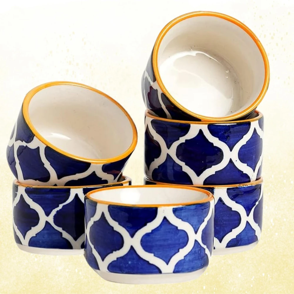 HOUSELA Stoneware Blue Classic Moroccan Pattern Chutney/Serving/Dessert/Dip/Bowl -Set of 6 (Triangle Shape,Microwave & Dishwasher Safe