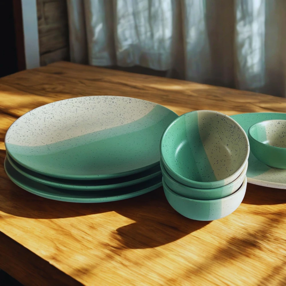 Set of 4 Ceramic Dinner Plates & 4 Bowls – Mint Green & Beige Speckled Stoneware Dinner Set, Modern Kitchen Plates 10 Inch, Soup & Cereal Bowls, Microwave & Dishwasher Safe