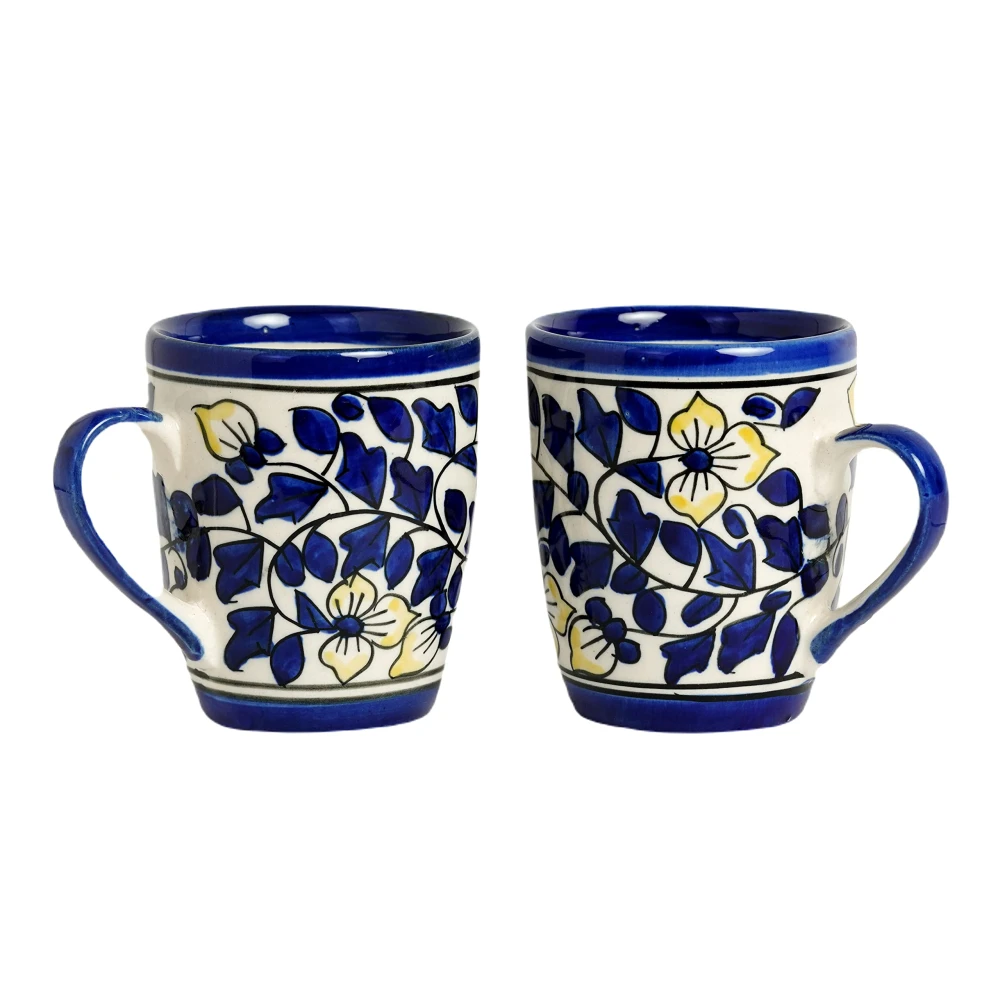 HOUSELA Floural Blue Hand-Painted Serving Tea Cups Set Milk Mugs & Ceramic Coffee Mugs, Set of 2 (270 ML) Microwave & Dishwasher Safe