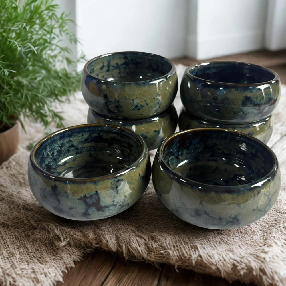 HOUSELA Studio Pottery Blue Glazed Ceramic Bowls – 6 Pc Set for Snacks, Sides & Desserts