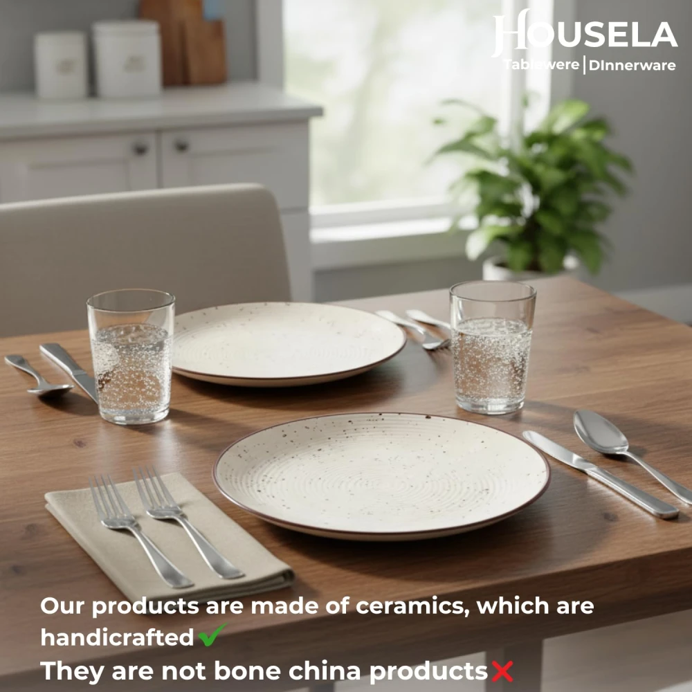 Cream Ribbed Stoneware Dinner Plates 10.3 Inch Set of 2 Pcs Ceramic Plates for Dinner | Microwave & Dishwasher Safe | Off White