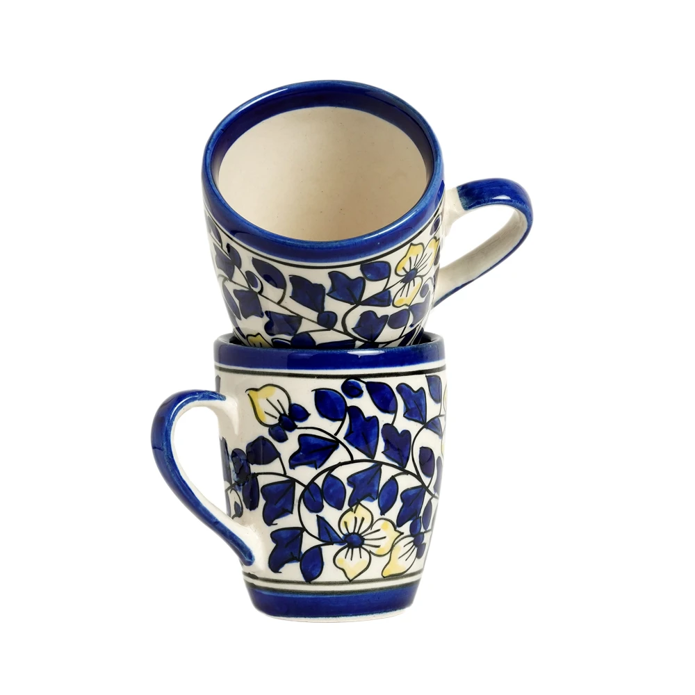 HOUSELA Floural Blue Hand-Painted Serving Tea Cups Set Milk Mugs & Ceramic Coffee Mugs, Set of 2 (270 ML) Microwave & Dishwasher Safe