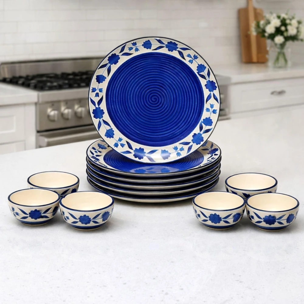 Hand-Painted Floral Ceramic Dinner Set of 12 Pcs | 6 Ceramic Dinner Plate and 6 Bowl/katori | Bone Ash Free | Microwave and Dishwasher Safe - Blue