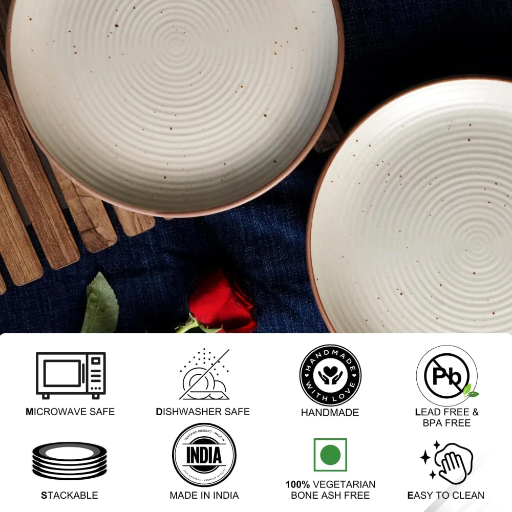 Housela Cream Ribbed Stoneware Dinner Plates 10.3 Inch Set of 2 Pcs Ceramic Plates for Dinner | Microwave & Dishwasher Safe | Off White