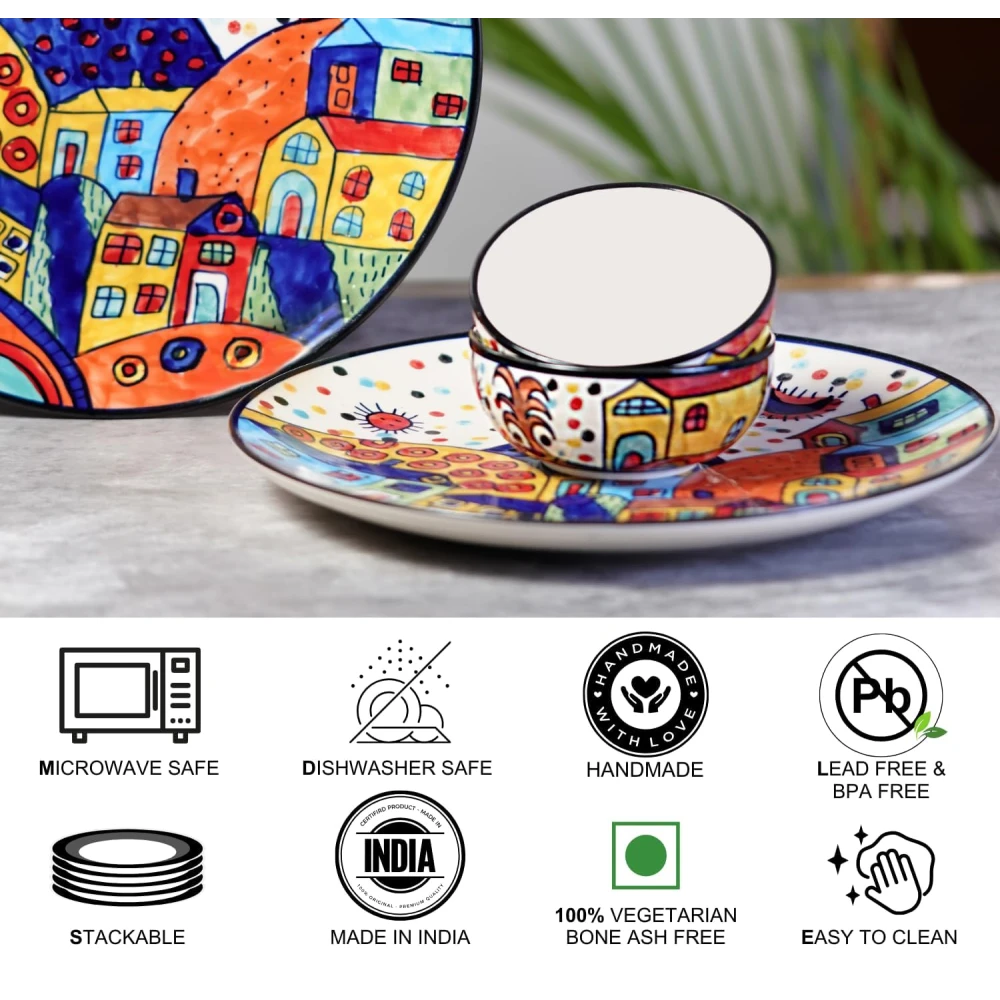 Hut Family Hand-Painted Glossy Dinner Set Ceramic Stoneware Dinner Set of 4 Pieces | 2 Dinner Plate 10.3 Inch & 2 Serving Bowls 180 Ml | Dishwasher & Microwave Safe - Multicolor, Solid