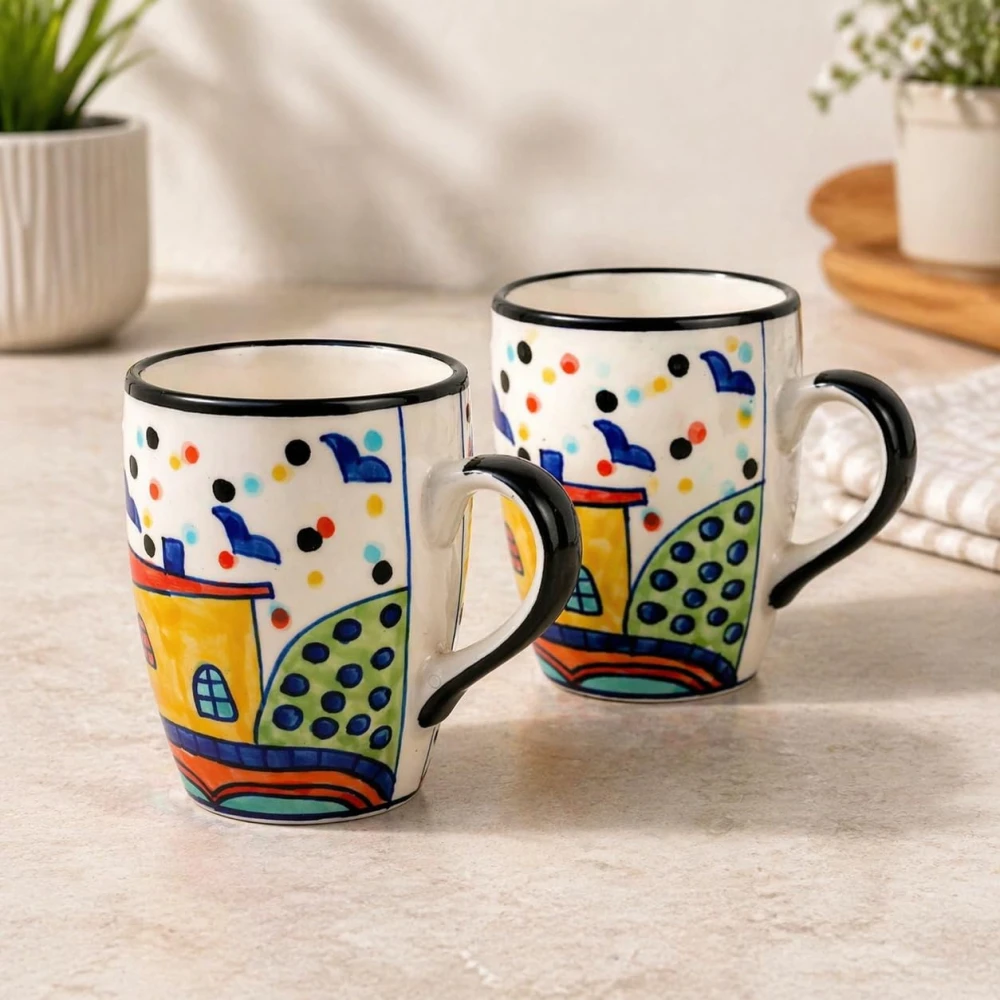 Rudrart Creation Hut Hand-Painted Ceramic Coffee Mug Set of 2 (270 ML) | Artistic Tea & Milk Cups | Multicolor Designer Handcrafted Mugs | Microwave & Dishwasher Safe | Gift for Home & Office Use