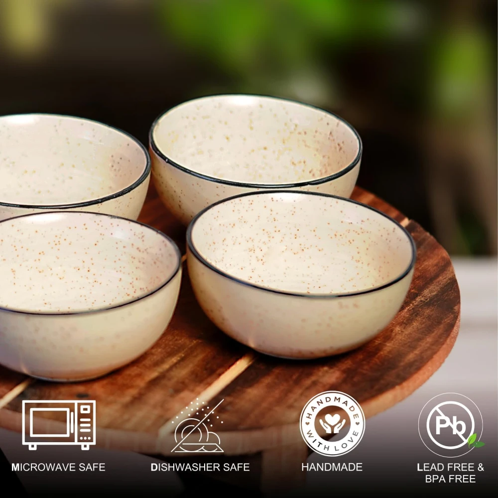 HOUSELA Hand-Painted White Ceramic Black Dotted Speckled Bowl Set of 4 (200ml) | Small Serving Soup Bowls, Cereal Bowl, Pasta Bowls | Dishwasher & Microwave Safe - Off White