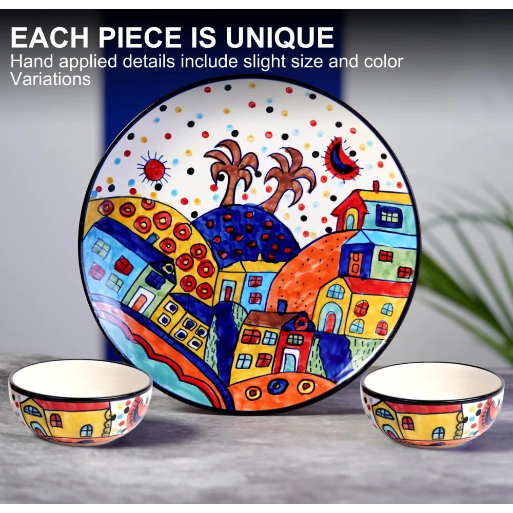 Hut Family Hand-Painted Glossy Dinner Set Ceramic Stoneware Dinner Set of 4 Pieces | 2 Dinner Plate 10.3 Inch & 2 Serving Bowls 180 Ml | Dishwasher & Microwave Safe - Multicolor, Solid
