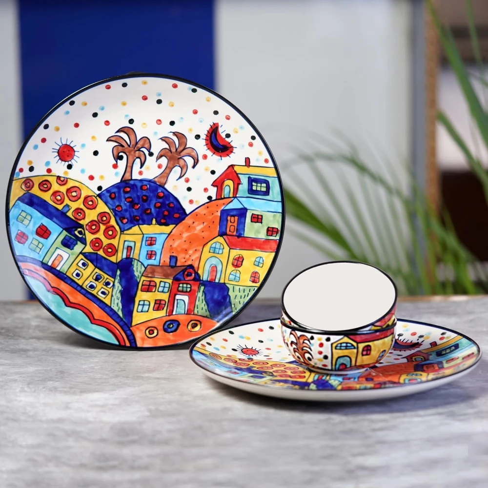 Hut Family Hand-Painted Glossy Dinner Set Ceramic Stoneware Dinner Set of 4 Pieces | 2 Dinner Plate 10.3 Inch & 2 Serving Bowls 180 Ml | Dishwasher & Microwave Safe - Multicolor, Solid