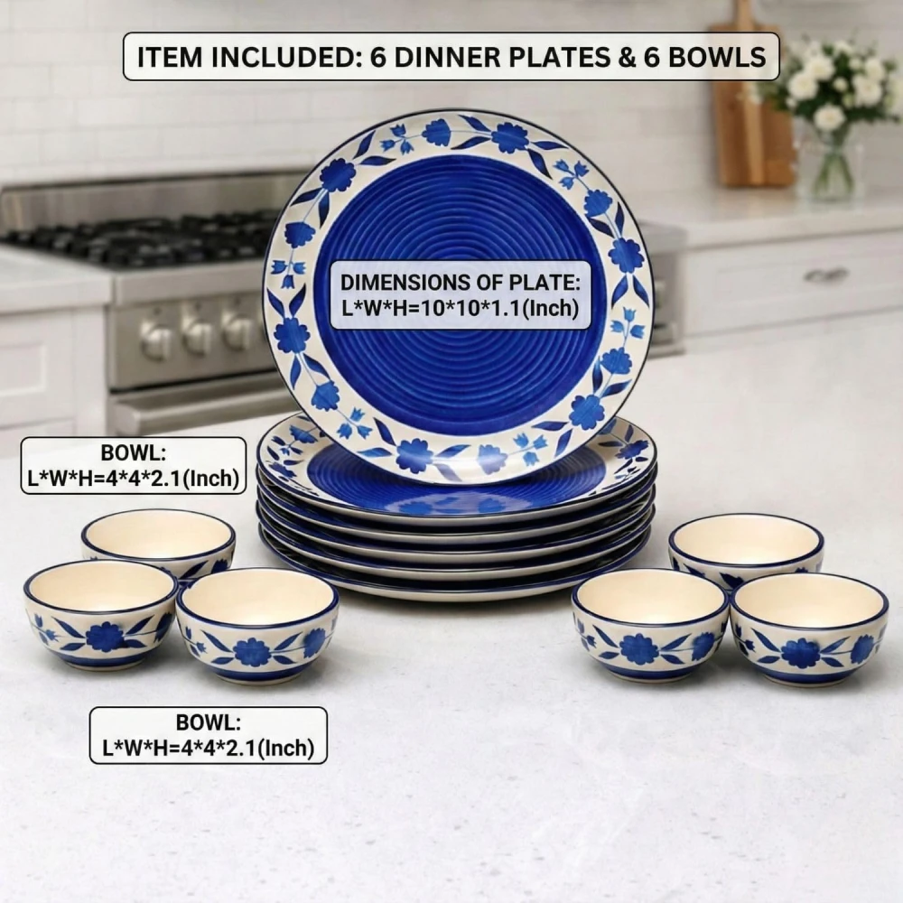 Hand-Painted Floral Ceramic Dinner Set of 12 Pcs | 6 Ceramic Dinner Plate and 6 Bowl/katori | Bone Ash Free | Microwave and Dishwasher Safe - Blue