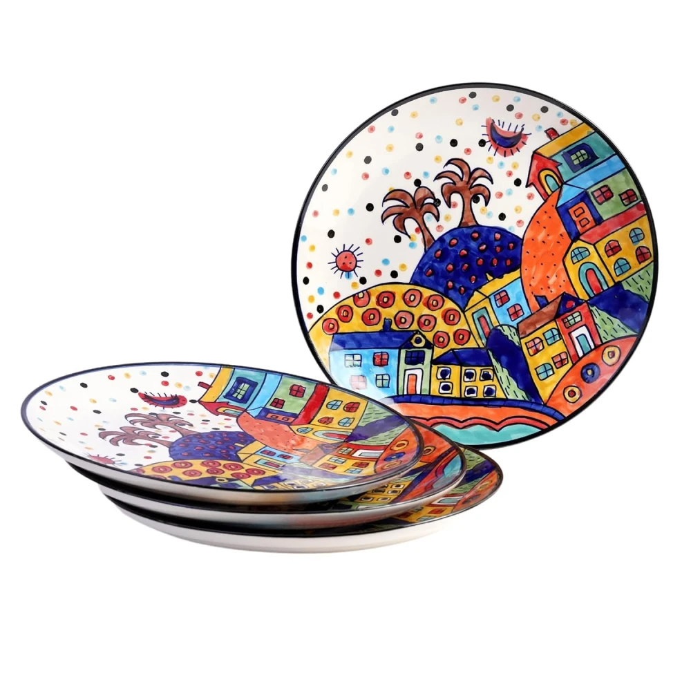 HOUSELA Hut Dining Hand-Painted Stoneware Premium Ceramic 10-inch Dinner Plate Set of 4 Pcs | Bone Ash Free | Microwave and Dishwasher Safe - Multicolor