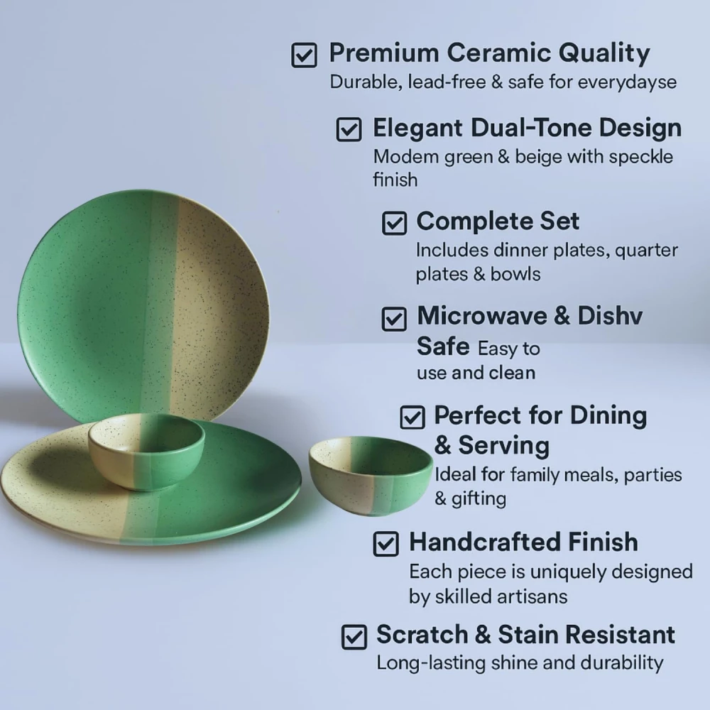 Set of 4 Ceramic Dinner Plates & 4 Bowls – Mint Green & Beige Speckled Stoneware Dinner Set, Modern Kitchen Plates 10 Inch, Soup & Cereal Bowls, Microwave & Dishwasher Safe