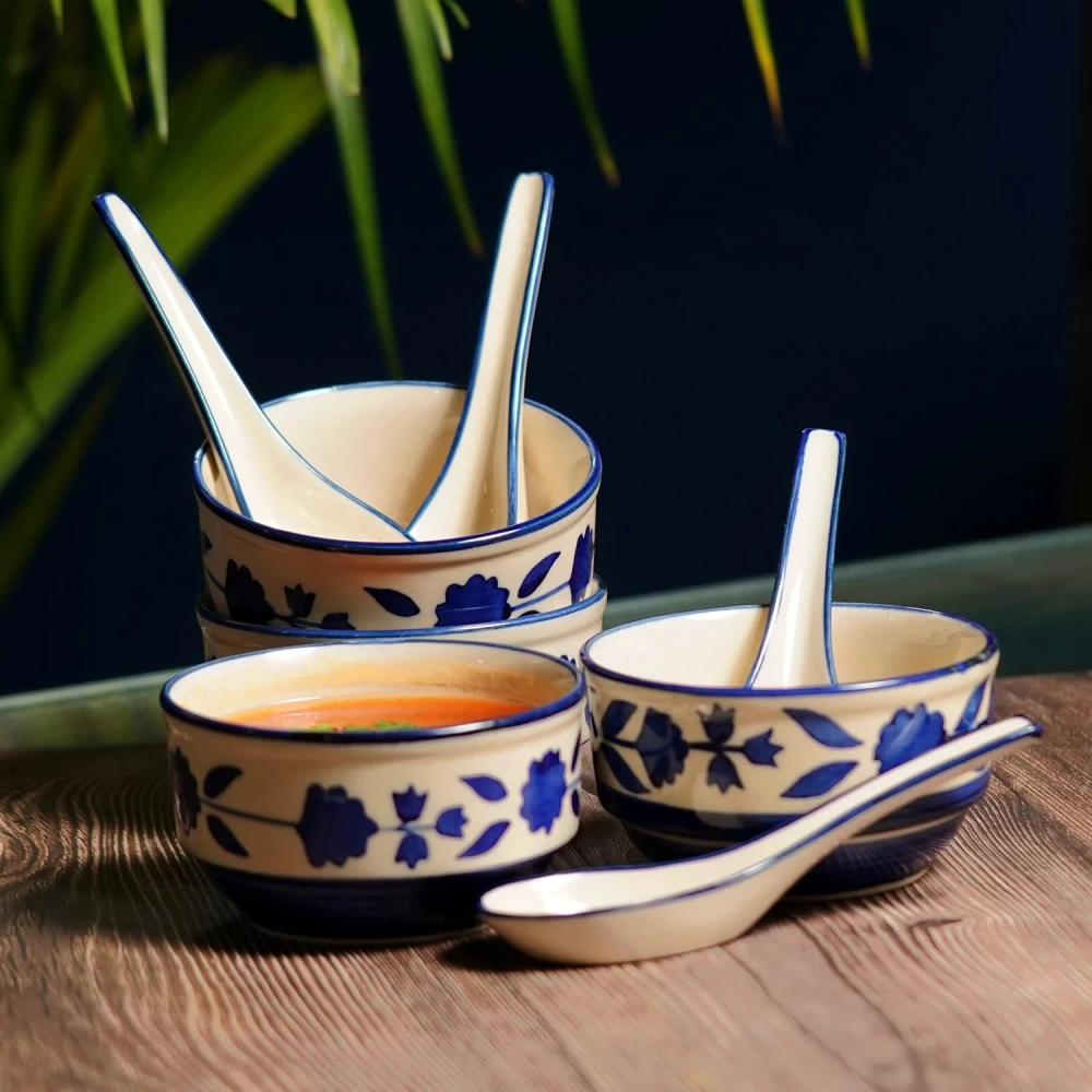 HOUSELA Soupy Floral Handpainted Ceramic Modern Soup Set Bowl with Spoon Microwave Safe Dishwasher Safe (300 ml, Blue & White) -Set of 4