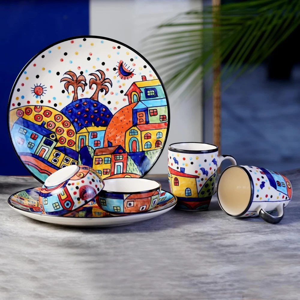HOUSELA Hut Family Hand-Painted Ceramic Plates Thali 2 Dinner Plates in 10 Inch with 2 Katoris & 2 Coffee Mug (6 Pieces, Dishwasher & Microwave Safe)