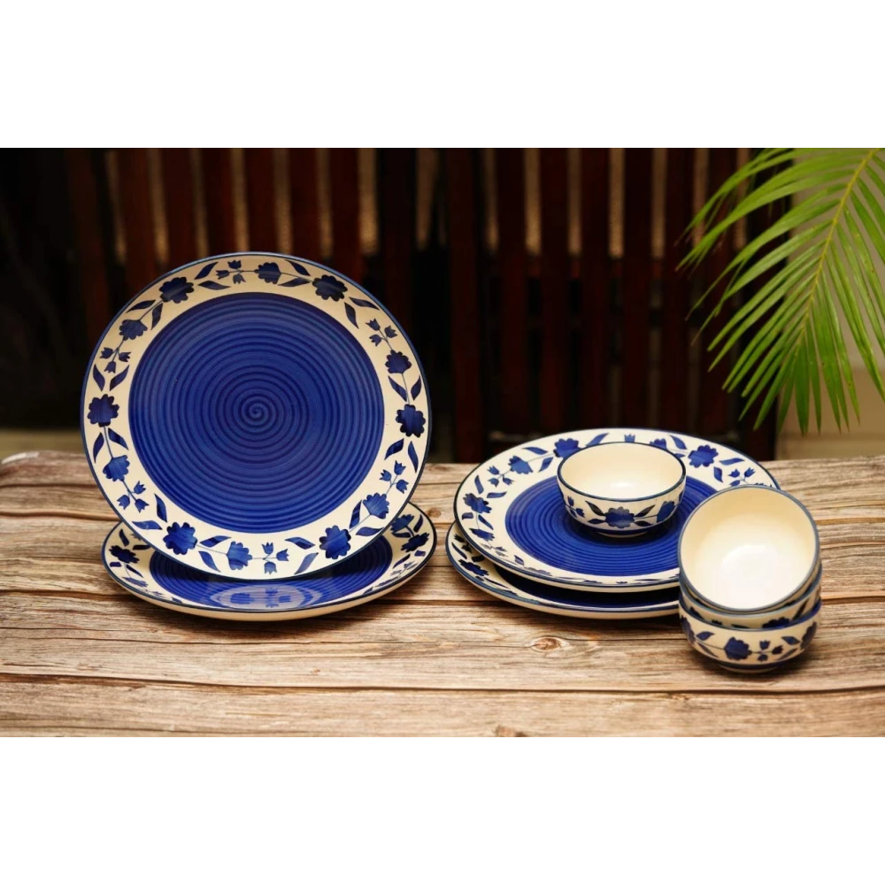 Blue Floral Ceramic Dinner Set – Set of 4 Dinner Plates & 4 Bowls | Premium Stoneware Tableware | Microwave & Dishwasher Safe | Elegant Dining Set for Home & Gifting