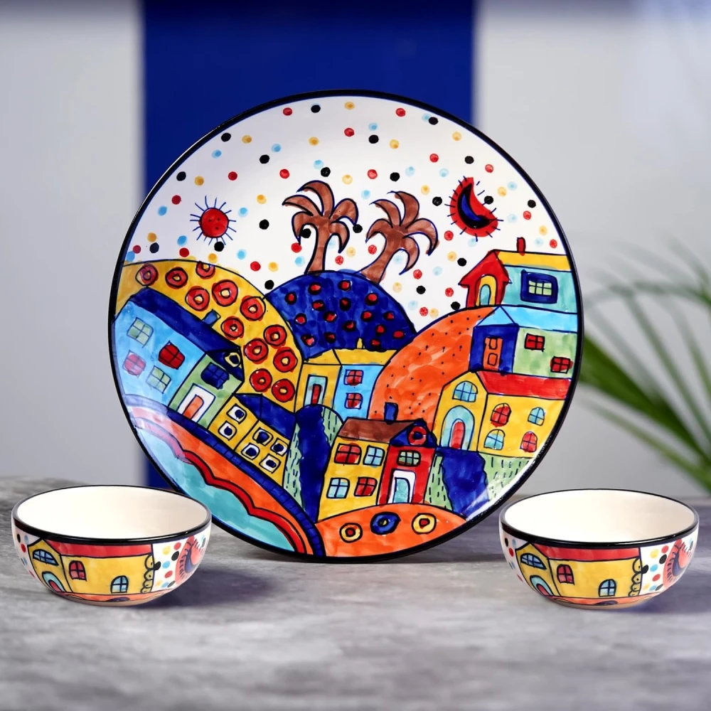 Hut Family Hand-Painted Glossy Dinner Set Ceramic Stoneware Dinner Set of 3 Pieces | 1 Dinner Plate & 2 Serving Bowls | Dishwasher & Microwave Safe - Multicolor