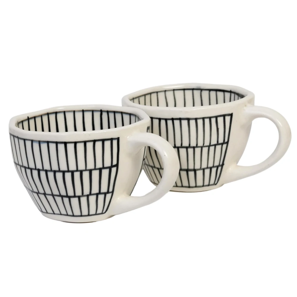 HOUSELA Lineing Hand - Painted Serving Tea Cups Set Milk Mugs & Ceramic Coffee Mugs Set of 2 (300 ML, Microwave & Dishwasher Safe)