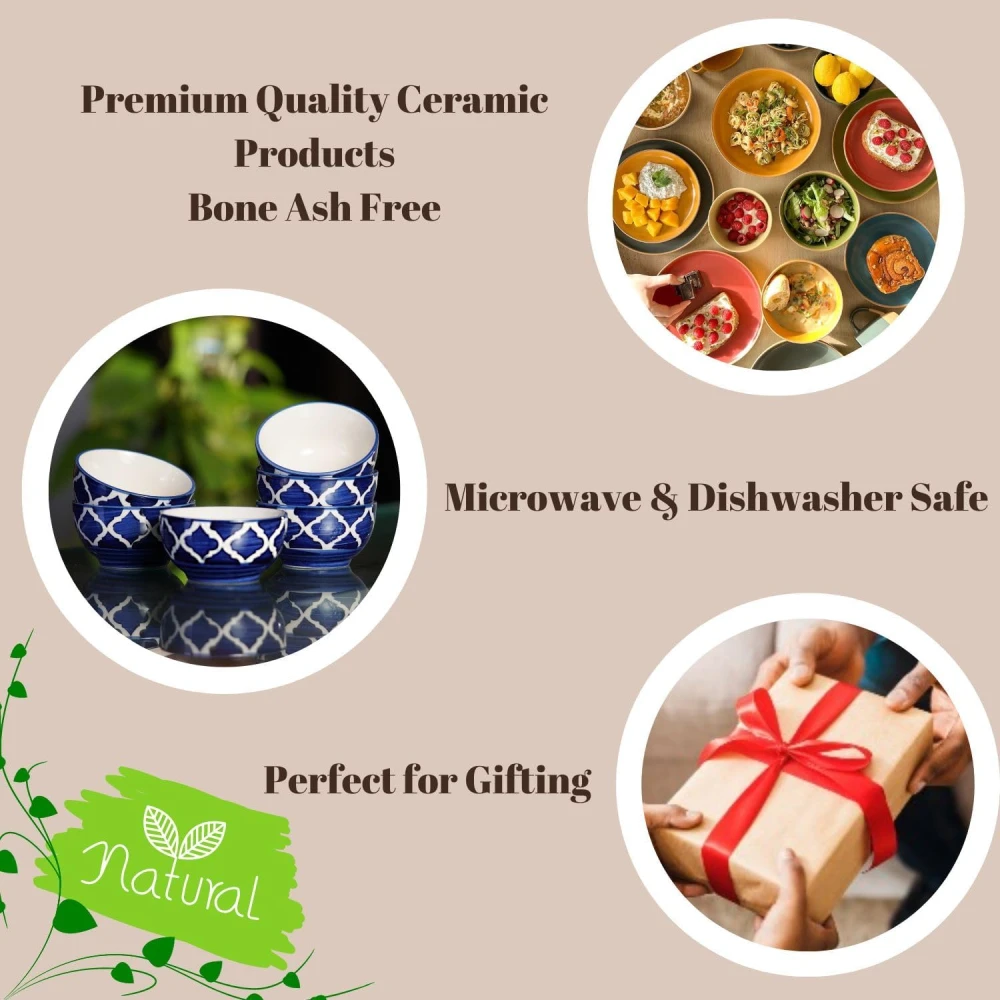 HOUSELA Creations Hand-Painted Umrao-Moroccan Design Bowls Set | Perfect for Serving Snacks, Rice, Dal, Fruits, Salad | BPA & Lead-Free Ceramic Dinner Bowls for Safe bowl sets