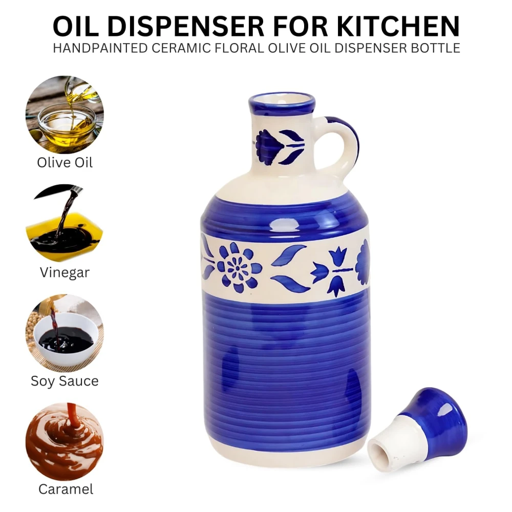 HOUSELA Handprinted Ceramic Oil Dispenser With Lid Bottle for Kitchen | 1000Ml Capacity | Perfect for Kitchen Use | Ideal for Storing Cooking Oil 100% Food & Microwave Safe - Blue, 1 Litres