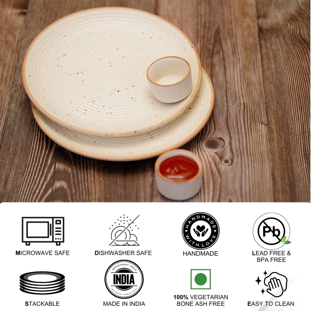 HOUSELA Handcrafted Ceramic Dinner Plates with Dip Bowl | Set of 8 Premium Stoneware Tableware | 4 Large 10 Inch Dinner Plates + 4 Chutney Dip Bowls | Off-White Handmade Serving Plates