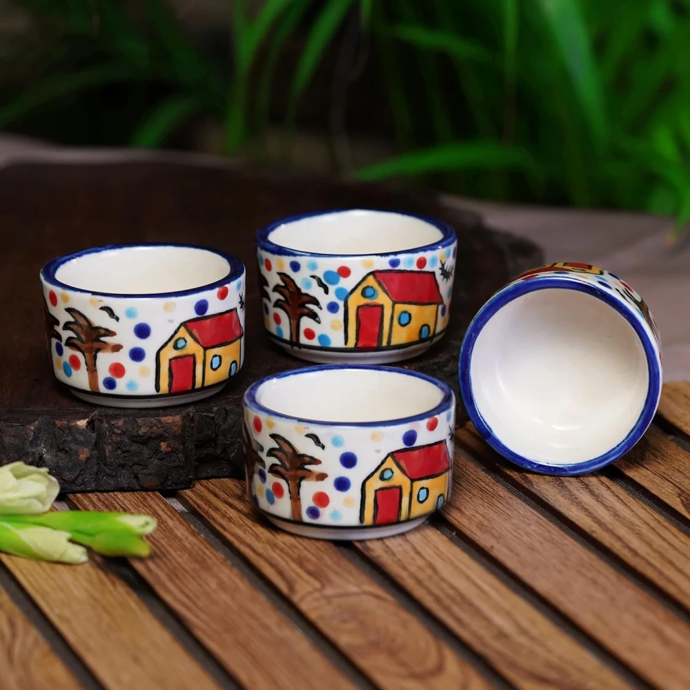 HOUSELA Hand Painted White Ceramic Bowl for Serving Chutney Bowl Pickle Bowl Sauce Bowl Set of 4 Pcs